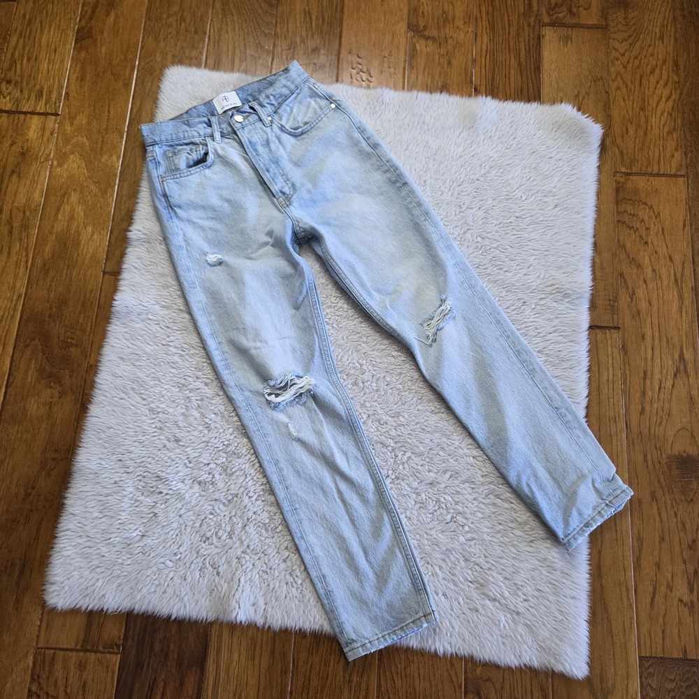 Anine Bing Straight Leg Jeans Women's 25 Light Blue High-Rise Distressed Cotton